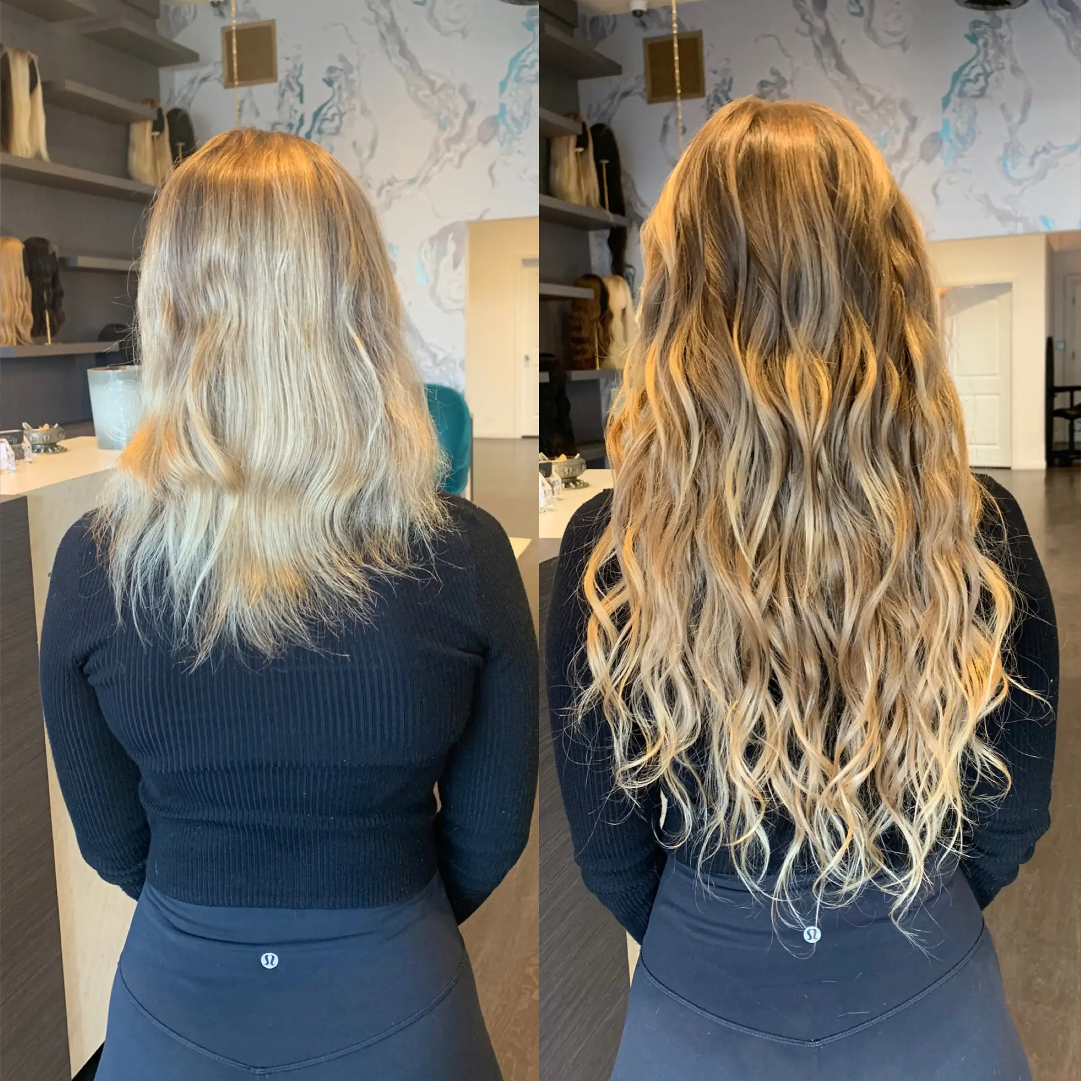 The same client photographed before and after a hair extension install