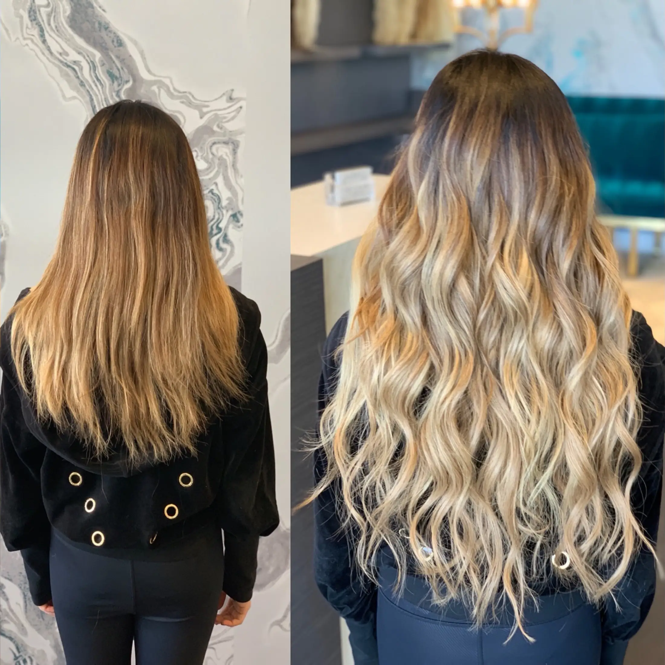 Before and after: added length and volume, photographed from behind