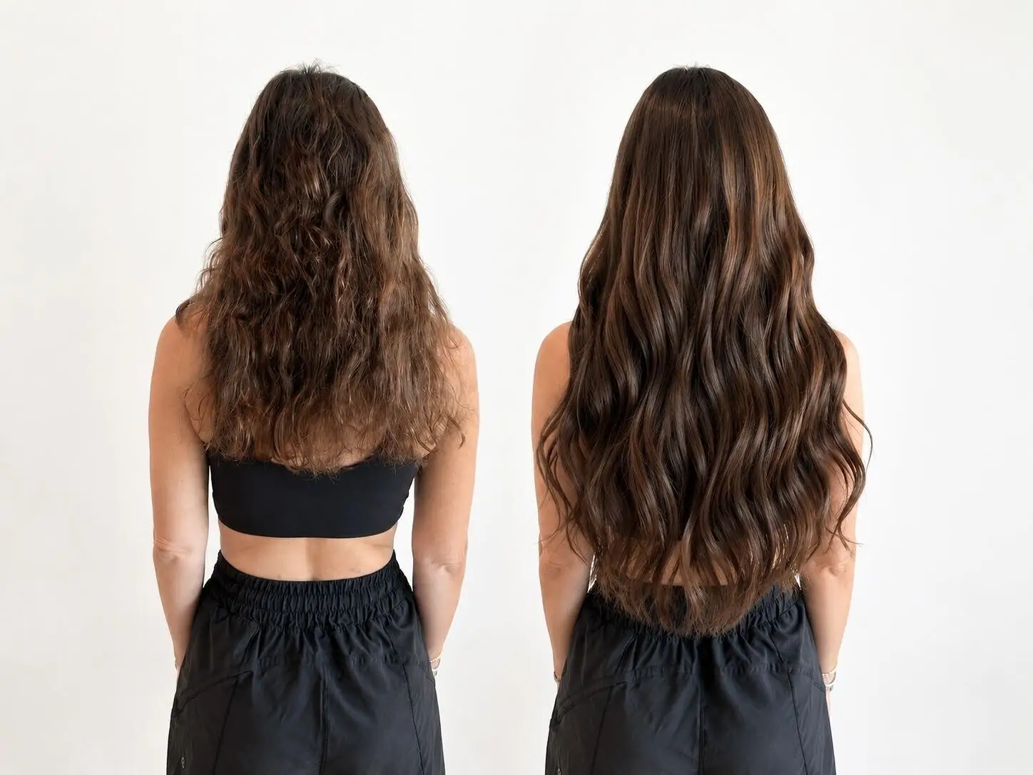 Dara before and after her extensions: shorter, damaged hair on the left and restored mid-back length on the right
