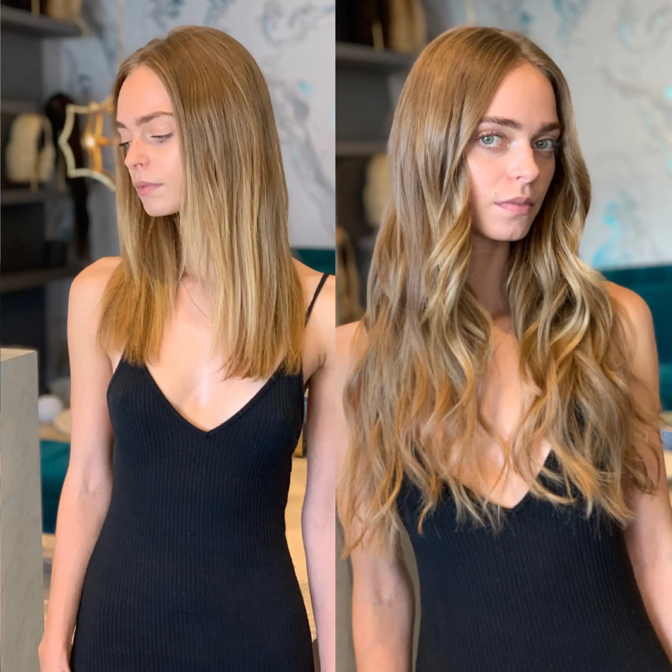 The same client photographed before and after a microbead extension install: fine, shoulder-length hair on the left, full mid-back length on the right