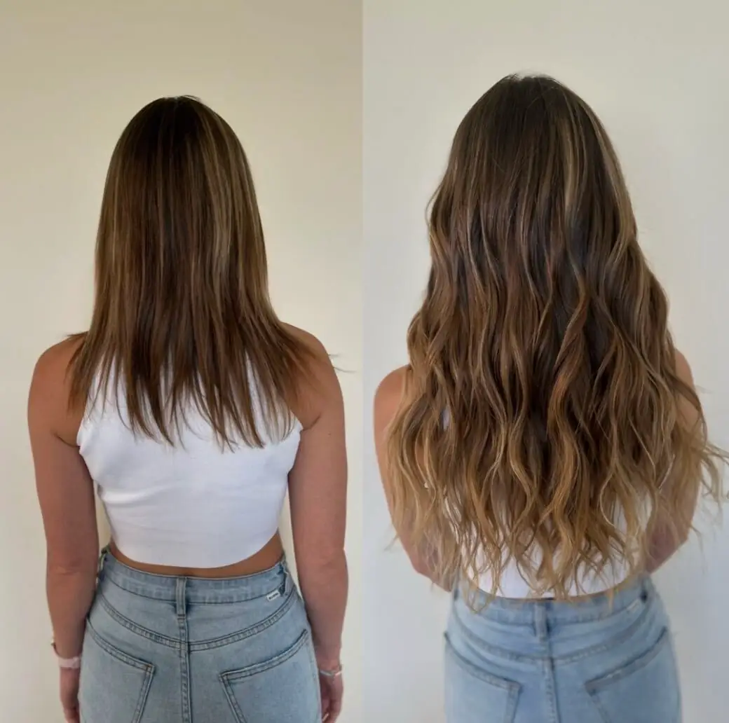 Before and after: collarbone-length hair extended past the waist